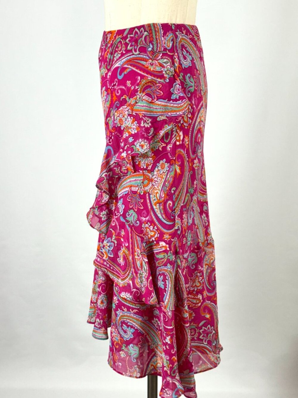 Chaps Y2K Hot Pink Paisley Floral Asymmetrical Ruffle Midi Skirt Elastic Waist - Picture 6 of 9